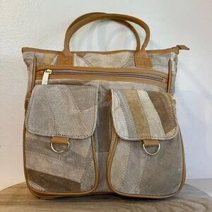 Vintage Deadstock Neutral Tan Cream Leather Patchwork Cargo Medium Tote Bag